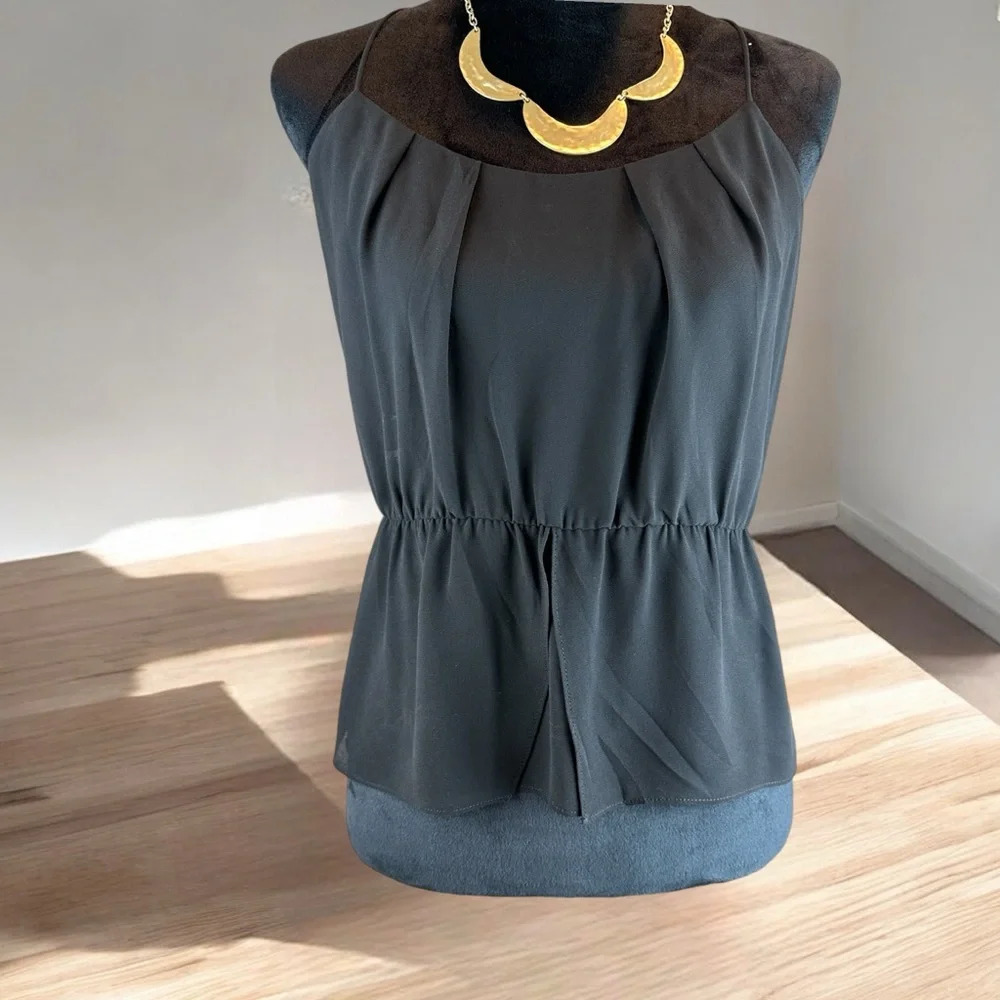 Naked Zebra Black Pleated‎ Cami Peplum Top Elastic Waist Medium